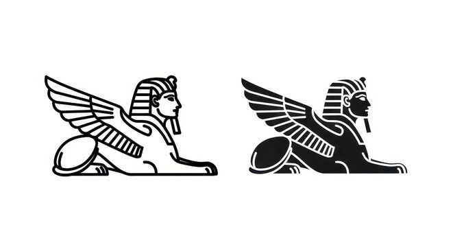 Ancient Egyptian Sphinx with Wings Vector Illustration Set - Minimalist Line Art and Silhouette Icons for Design