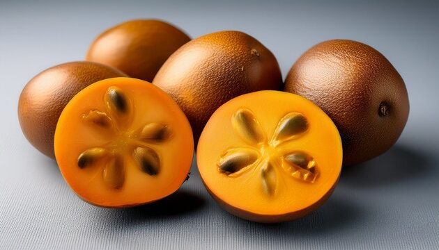 ripe jenipapo fruits whole and halved showing textured brown skin and soft juicy orange pulp inside