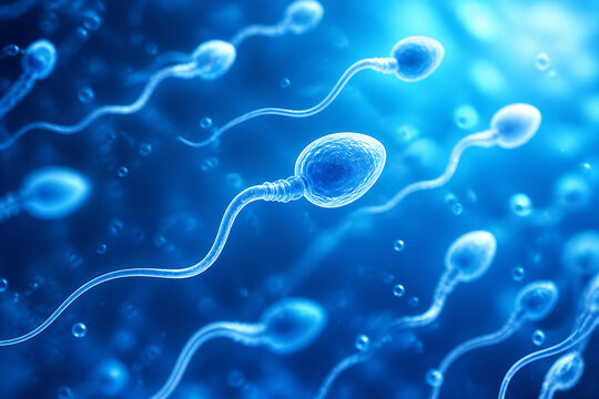 Swimming sperm cells are visible in a microscopic, blue liquid environment.