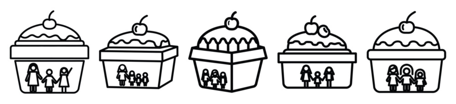 Simple line drawing of bakery family dessert box icon set on a white background