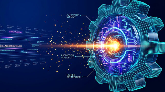 Gear mechanism glowing with intense electrical pulses highlights the synergy of industrial automation and the complex scalability required for high-tech manufacturing facility optimizations.
