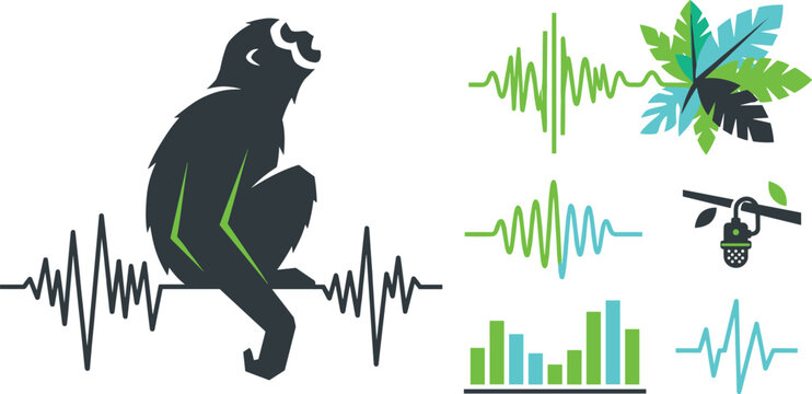 Bioacoustic Jungle Wildlife Research Vector Set Featuring Howler Monkey Silhouette Vocalizing with Soundwaves Audio Equalizers and Field Microphone
