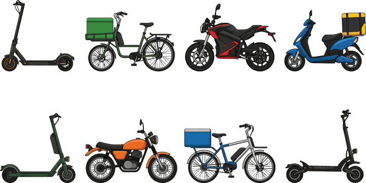 Set of electric scooters, delivery bicycles, and motorcycles for urban transportation and food delivery services, vector illustration