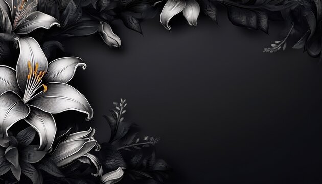 dark monochrome lilies frame a black background perfect for elegant designs invitations or moody aesthetics