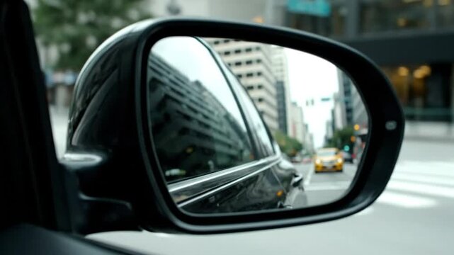 Driving Through a City Street: View in a Car's Side Mirror, Daytime Commute, Urban Road Travel