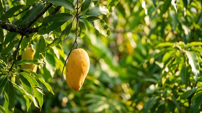Fresh yellow mango fruit hanging from a green tree branch in a sunny tropical orchard during a bright day. ataulfo mango