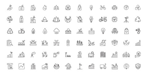 Fototapeta premium Ecology and Sustainability Line Icon Set with Recycling Green Energy Renewable Solar Wildlife Conservation Water Climate Change and Zero Waste Symbols Editable Stroke Vector