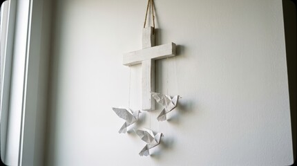 Naklejka premium White Wooden Cross with Angel Wings Wall Decor.