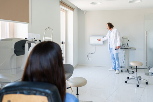 Vision Test in the Clinic With a Ophthalmologist and Patient 