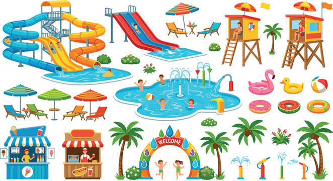 Summer Water Park and Aquapark Vector Element Set with Water Slides Swimming Pools Lifeguard Towers Inflatables Food Stalls and Kids Playing