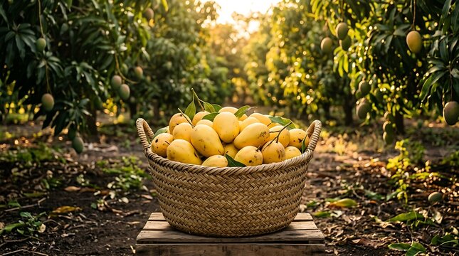 Fresh yellow pears in a woven basket standing on a wooden box in a sunny fruit orchard during the harvest season. ataulfo mango