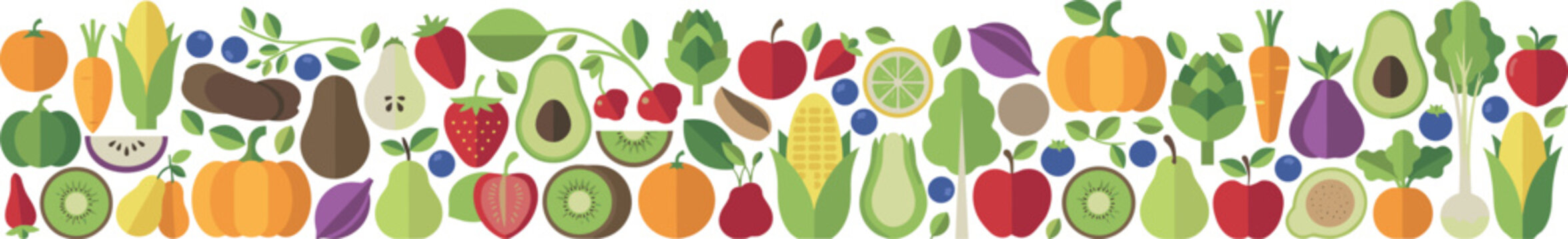 Organic fresh fruit and vegetable horizontal border vector pattern featuring apple pumpkin corn kiwi strawberry avocado and broccoli flat icons collection