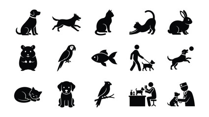 Fototapeta premium Set of black pet icons showing various domestic animals activities and veterinary care services in a clean flat vector design style