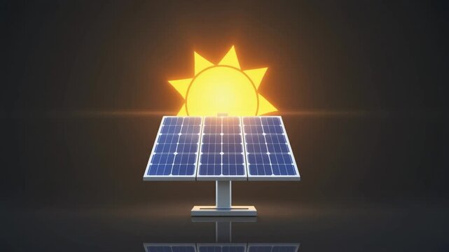 Renewable energy solar panel with stylized sun 3D render
