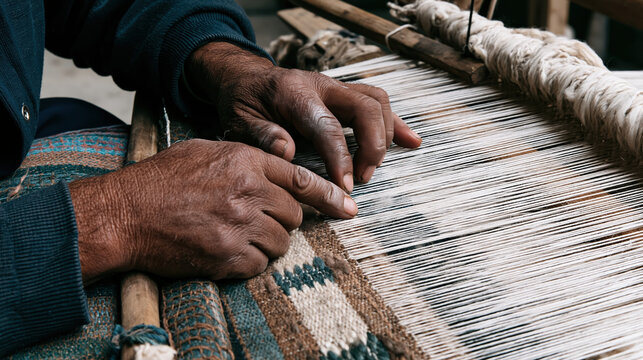 Hand weaving traditional loom craft process with artisan hands creating textile in rural workshop