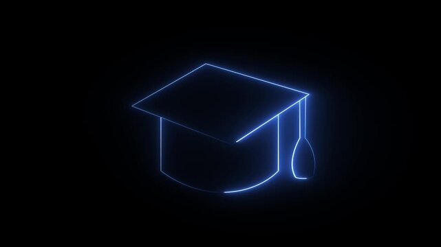 Glowing Neon Blue Graduation Cap Icon on Black Background for Education and Achievement