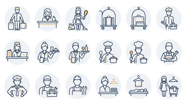 Circular hospitality staff and hotel service icons.
