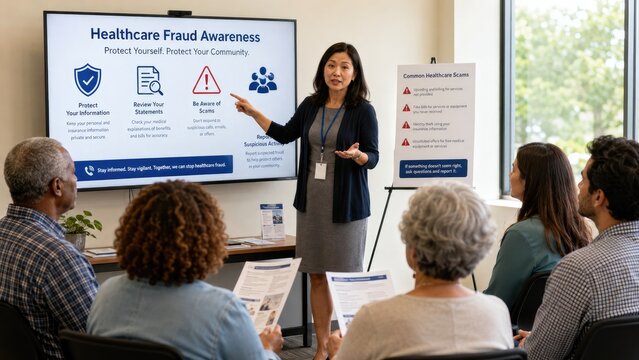 Woman leading a healthcare fraud awareness presentation for adults with handouts and a slideshow in a community meeting room
