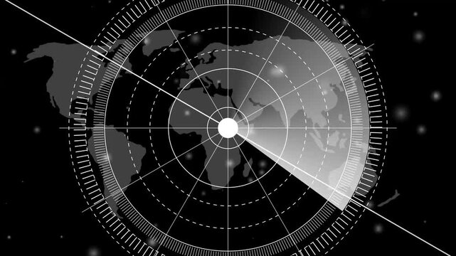 Radar screen animation, moving radar HUD call animated. Sonar tactical readout of an incoming object. Scanning Submarine Radar Screen With World Map, futuristic user interface computer system.4k