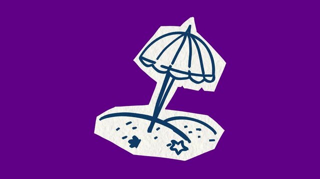 Mediterranean Beach Umbrella Hand Drawn Paper Look Vintage Retro Kids Art Illustration