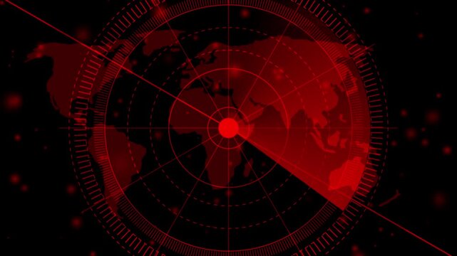 Radar screen animation, moving radar HUD call animated. Sonar tactical readout of an incoming object. Scanning Submarine Radar Screen With World Map, futuristic user interface computer system.4k