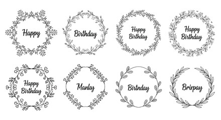 Fototapeta premium Set of eight decorative floral wreaths with happy birthday text in an elegant hand drawn script style for cards.