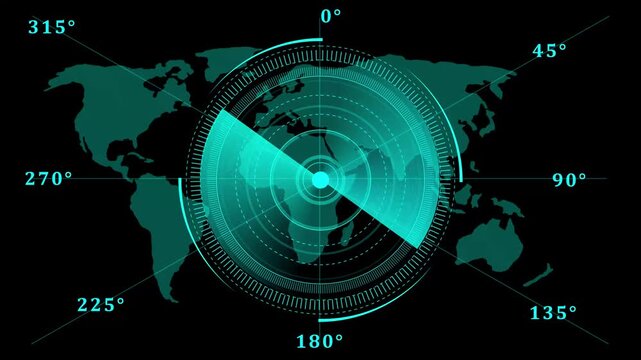 Radar screen animation, moving radar HUD call animated. Sonar tactical readout of an incoming object. Scanning Submarine Radar Screen With World Map, futuristic user interface computer system. 4k