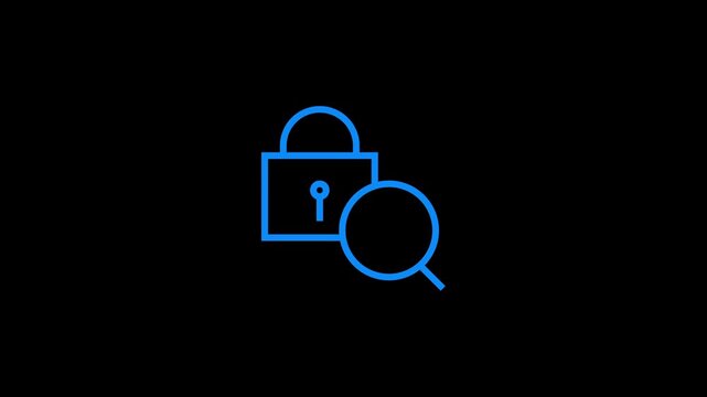 Security monitoring animation with blue line padlock and magnifying glass icon.