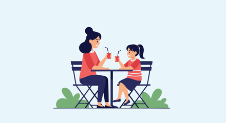 Fototapeta premium Mother and her young daughter sitting at an outdoor table sharing drinks and talking together in a peaceful environment in a flat style.