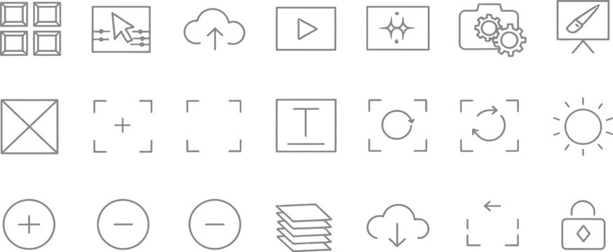 Minimalist Media Editing UI Icon Set with Thin Line Vector Symbols.