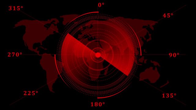 Radar screen animation, moving radar HUD call animated. Sonar tactical readout of an incoming object. Scanning Submarine Radar Screen With World Map, futuristic user interface computer system. 4k