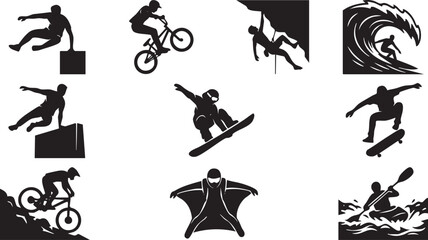Fototapeta premium Extreme Sports Silhouettes and Outdoor Adventure Activities Vector Set