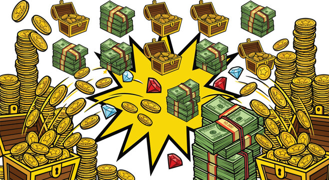 Comic Book Style Wealth and Abundance Vector Illustration Exploding with Golden Coins, Stacks of Cash, Treasure Chests, and Sparkling Gems for Game UI and Financial Graphic Designs