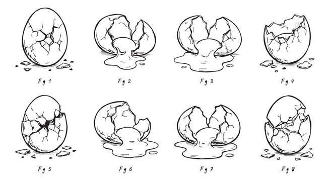 Set of handdrawn broken eggs, cracked eggshells with yolk spilling out, vector illustration