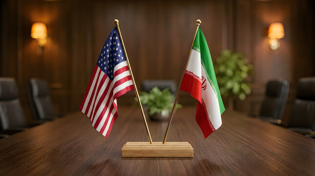 Official flags of United States and Iran placed on polished wooden conference table in front of blurry office background representing diplomatic relations between two world sovereign nations.