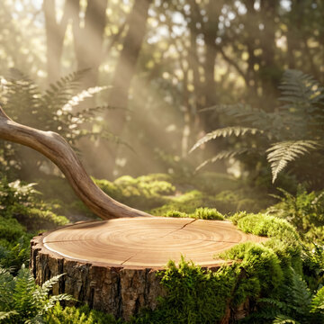 New Zealand kauri wood stump podium covered with moss in sunlit fern forest, product display illustration