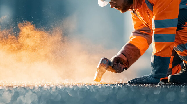 Municipal worker measuring dangerous asphalt temperature during extreme urban heat wave, heat shimmer rising from city street, urban heat island effect, climate change consequences