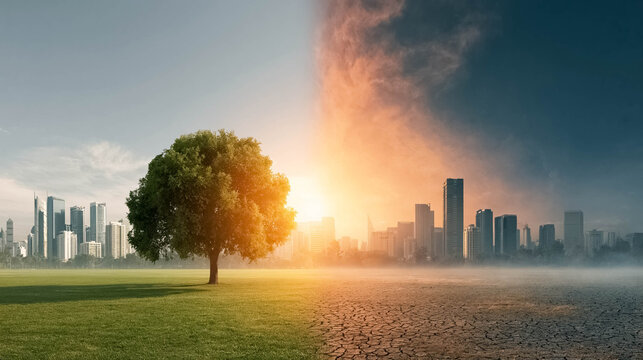 Climate change concept showing green environment transforming into drought and desertification