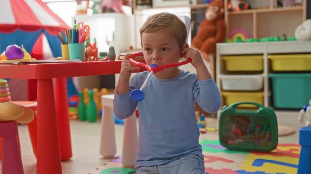 Boy kneeling on foam alphabet mat wearing a toy stethoscope and holding a play medical kit beside a table in a playroom building; playful curiosity.