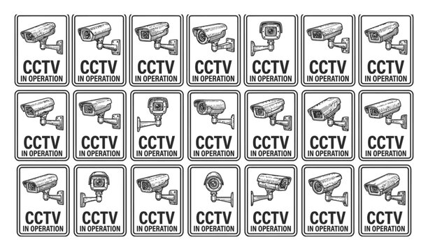 Collection of various cctv in operation security camera warning signs