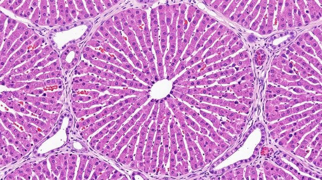 Microscopic view of liver tissue showing hepatic lobules and hepatocytes