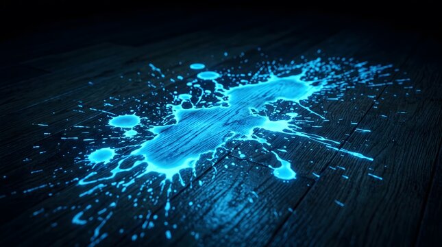 Forensic, Luminol, Glowing Blue Luminol Chemical Splash on Wooden Floor. bioluminescent neon blue liquid patterns illuminating the grain of dark floor