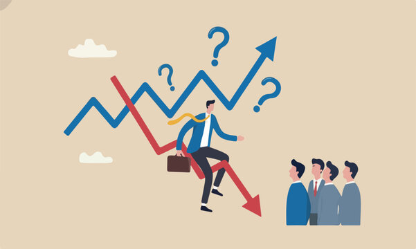 Stagflation economi up growth decrease causing by unemployment concept, fearful businessman riding fall down economic graph with inflation high up
