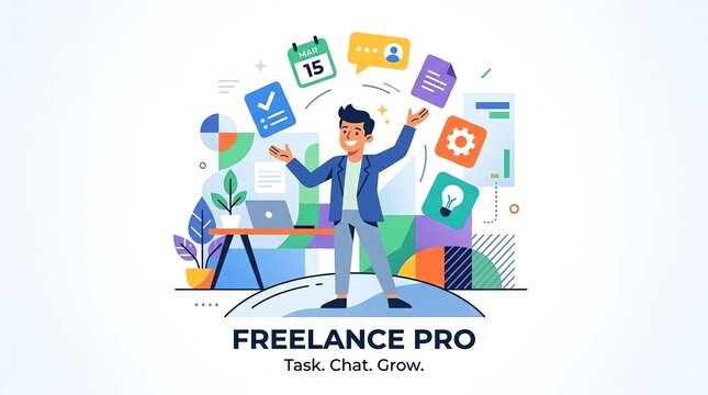 Modern Corporate Mascot Vector Illustration of Freelancer Juggling Work Management Icons