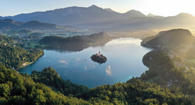 Aerial view of Slovenia's Lake Bled at sunrise. 