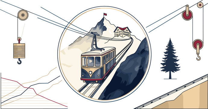 Funicular Mountain Railway Engineering Vector Illustration Set with Cable Car Mechanical Pulleys Slope Diagram Counterweight and Alpine Chalet