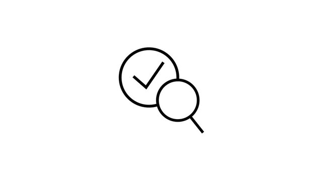 Minimalist graphic animation showing magnifying glass with checkmark on white space.