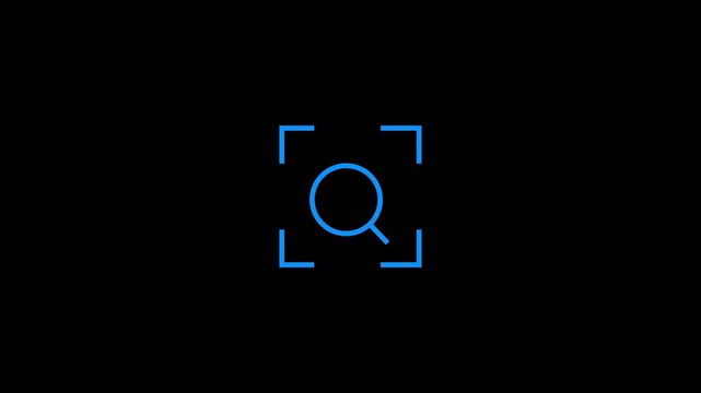 Blue search icon in square frame graphic animation for digital interface navigation.