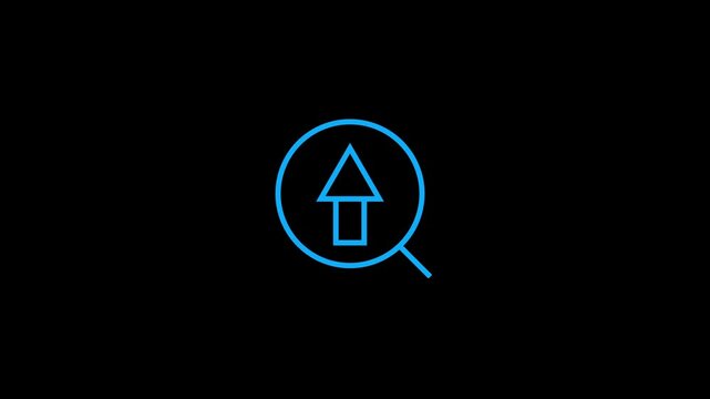 Minimalist graphic animation featuring blue line search icon with upward arrow sign.