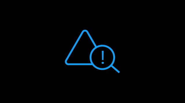 Neon blue triangle warning sign icon animated on black background for alert safety.